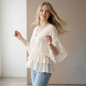 The Kooples Sheer Ruffle Blouse Size 3 Ivory V Neck Smocked Waist Flowy Top NWT